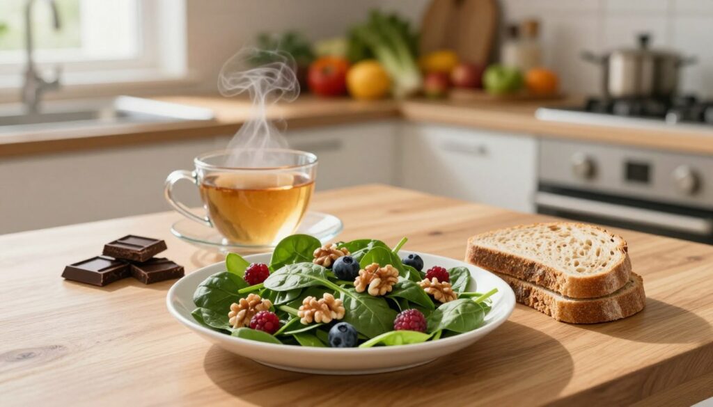 A beautifully arranged healthy meal on a wooden table, featuring a colorful array of foods rich in nutrients that promote good circulation and prevent thrombosis. In the foreground, a vibrant salad with spinach, walnuts, and berries, alongside whole grain bread. In the middle, a steaming cup of herbal tea and a few pieces of dark chocolate, symbolizing balance. The background shows a well-lit kitchen with fresh fruits and vegetables, creating a warm and inviting atmosphere. Soft natural light filters in through a window, casting gentle shadows. The scene conveys a sense of health and wellness, suggesting the importance of a balanced diet in preventative care. The overall mood is serene and optimistic, emphasizing nourishment and vitality. A beautifully arranged healthy meal on a wooden table, featuring a colorful array of foods rich in nutrients that promote good circulation and prevent thrombosis. In the foreground, a vibrant salad with spinach, walnuts, and berries, alongside whole grain bread. In the middle, a steaming cup of herbal tea and a few pieces of dark chocolate, symbolizing balance. The background shows a well-lit kitchen with fresh fruits and vegetables, creating a warm and inviting atmosphere. Soft natural light filters in through a window, casting gentle shadows. The scene conveys a sense of health and wellness, suggesting the importance of a balanced diet in preventative care. The overall mood is serene and optimistic, emphasizing nourishment and vitality.