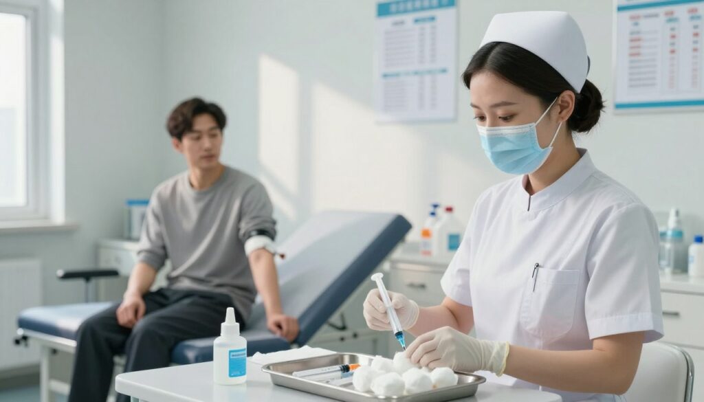 A calm, clinical setting in a modern medical facility, featuring a nurse preparing for a blood draw. In the foreground, the nurse is dressed in professional attire, focusing on setting up equipment like syringes, cotton balls, and alcohol swabs on a sanitized tray. The nurse has an attentive expression, embodying professionalism and care. In the middle, a patient is seated comfortably on an examination table, looking reassured and ready for the procedure. Soft, natural lighting filters in from a nearby window, casting gentle shadows. The background showcases sterile medical supplies and a wall with medical charts, creating a reassuring atmosphere. The overall mood is one of professionalism and calmness, highlighting the importance of proper preparation for blood tests.