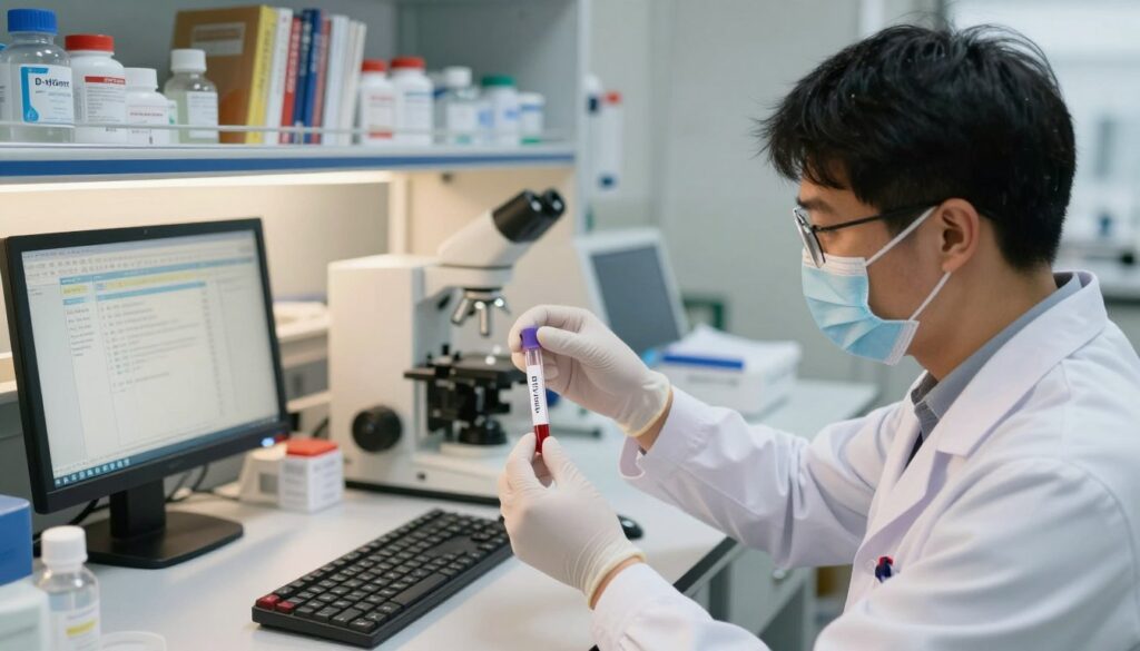 A clinical laboratory scene showcasing the process of a D-dimer test. In the foreground, a professional scientist wearing a lab coat is carefully handling a test tube filled with a blood sample, using precise instruments. In the middle, a well-organized lab bench is visible, featuring essential lab equipment and a computer displaying relevant lab results. The background contains shelves lined with medical supplies and reference books, softly illuminated by warm, diffused lighting to create a sterile yet inviting atmosphere. The angle is slightly overhead, capturing the diligent work of the scientist and the significance of the D-dimer test in a laboratory setting. The mood is focused and serious, emphasizing the importance of accurate medical diagnostics. A clinical laboratory scene showcasing the process of a D-dimer test. In the foreground, a professional scientist wearing a lab coat is carefully handling a test tube filled with a blood sample, using precise instruments. In the middle, a well-organized lab bench is visible, featuring essential lab equipment and a computer displaying relevant lab results. The background contains shelves lined with medical supplies and reference books, softly illuminated by warm, diffused lighting to create a sterile yet inviting atmosphere. The angle is slightly overhead, capturing the diligent work of the scientist and the significance of the D-dimer test in a laboratory setting. The mood is focused and serious, emphasizing the importance of accurate medical diagnostics.