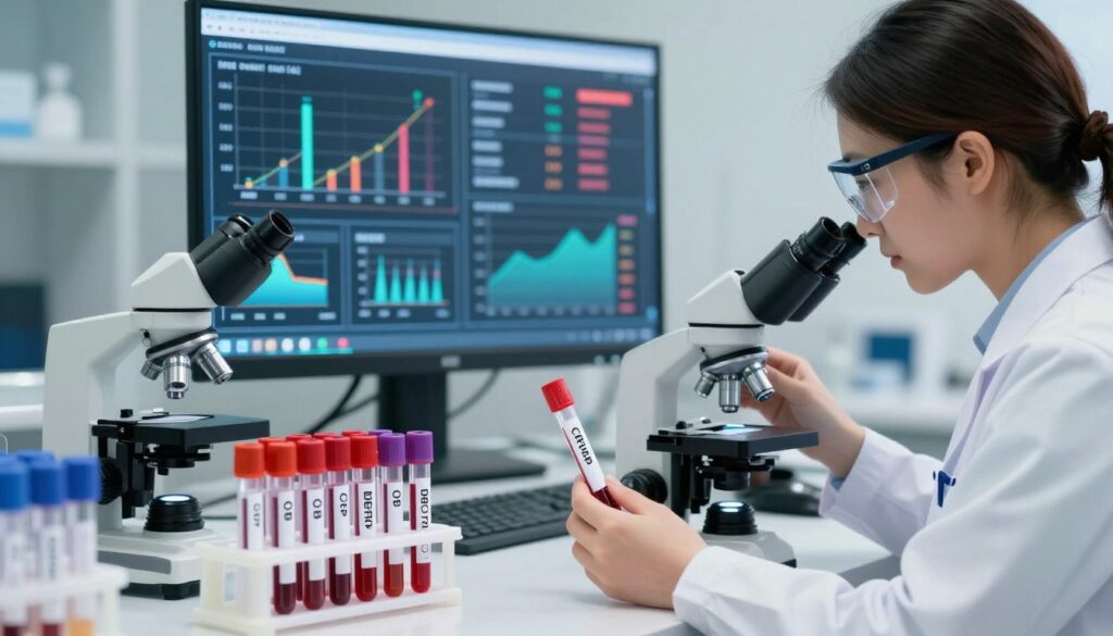 A clinical laboratory setting filled with vibrant colors to depict the interpretation of blood test results. In the foreground, a health professional, dressed in a white lab coat and safety glasses, examines blood test samples under a microscope, illustrating a moment of focused analysis. The middle ground features an array of blood test tubes labeled with OB and CRP indicators, in shades of red and amber, hinting at elevated levels. In the background, a large interactive digital screen displays graphs and charts representing blood test results and their significance in disease diagnostics, illuminated by soft, diffused lighting to create a calm yet informative atmosphere. The overall mood is analytical and professional, emphasizing the importance of accurate diagnosis in healthcare.