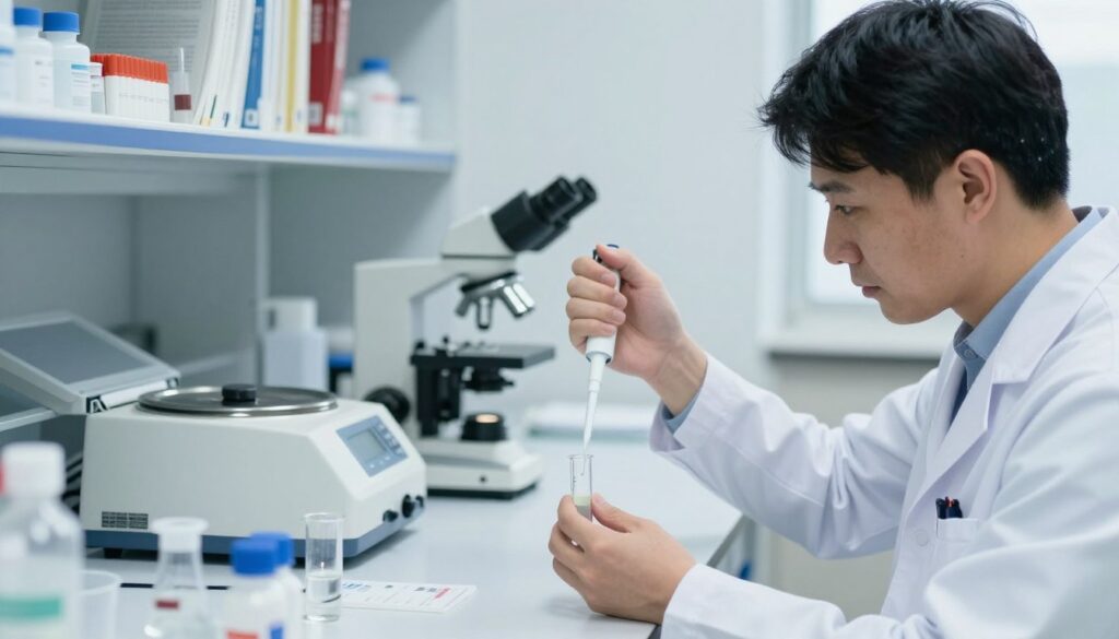 A clinical laboratory setting highlighting the Biernacki test process for inflammation markers. In the foreground, a technician in a white lab coat carefully observes a test tube with a clear liquid, using a pipette to add a reagent, illustrating the testing procedure. The middle ground features an organized lab bench with various instruments and glassware, including a centrifuge and a microscope, set under bright, sterile lighting that emphasizes a clean and professional atmosphere. In the background, shelves are filled with medical textbooks and lab supplies, softly blurred to direct focus towards the foreground activities. The scene captures a sense of focus and diligence, underscoring the importance of the Biernacki test in diagnosing disease processes.