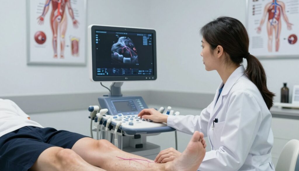 A clinical scene depicting deep vein diagnostics in a medical setting. In the foreground, a focused female physician in professional attire, using an ultrasound machine to assess a patient's leg, showcasing the examination of deep veins. In the middle ground, a clear view of the ultrasound screen displaying detailed imagery of vascular structure, emphasizing blood flow. The background is a modern medical examination room, equipped with posters of venous anatomy and diagnostic charts. Soft, diffused lighting from overhead, creating a calm and professional atmosphere. The image conveys meticulous attention to medical detail and the importance of differential diagnosis in thromboembolic diseases. A clinical scene depicting deep vein diagnostics in a medical setting. In the foreground, a focused female physician in professional attire, using an ultrasound machine to assess a patient's leg, showcasing the examination of deep veins. In the middle ground, a clear view of the ultrasound screen displaying detailed imagery of vascular structure, emphasizing blood flow. The background is a modern medical examination room, equipped with posters of venous anatomy and diagnostic charts. Soft, diffused lighting from overhead, creating a calm and professional atmosphere. The image conveys meticulous attention to medical detail and the importance of differential diagnosis in thromboembolic diseases.