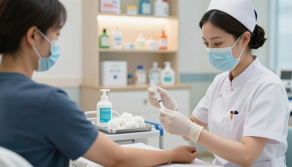 A clinical scene depicting the procedure of blood collection. In the foreground, a nurse in professional attire carefully prepares a syringe while a patient sits comfortably on an examination table, their arm extended with a bandage around the upper arm. The nurse is focused, exuding a sense of calm and professionalism. In the middle ground, a well-organized medical setting with sterile equipment, including alcohol wipes and cotton balls, is visible on a nearby tray. The background features softly lit shelves with medical supplies, creating an inviting yet clinical atmosphere. The lighting is bright but soft, simulating a hospital environment that feels safe and reassuring. The angle captures both the nurse and patient, emphasizing their interaction while maintaining a respectful distance.