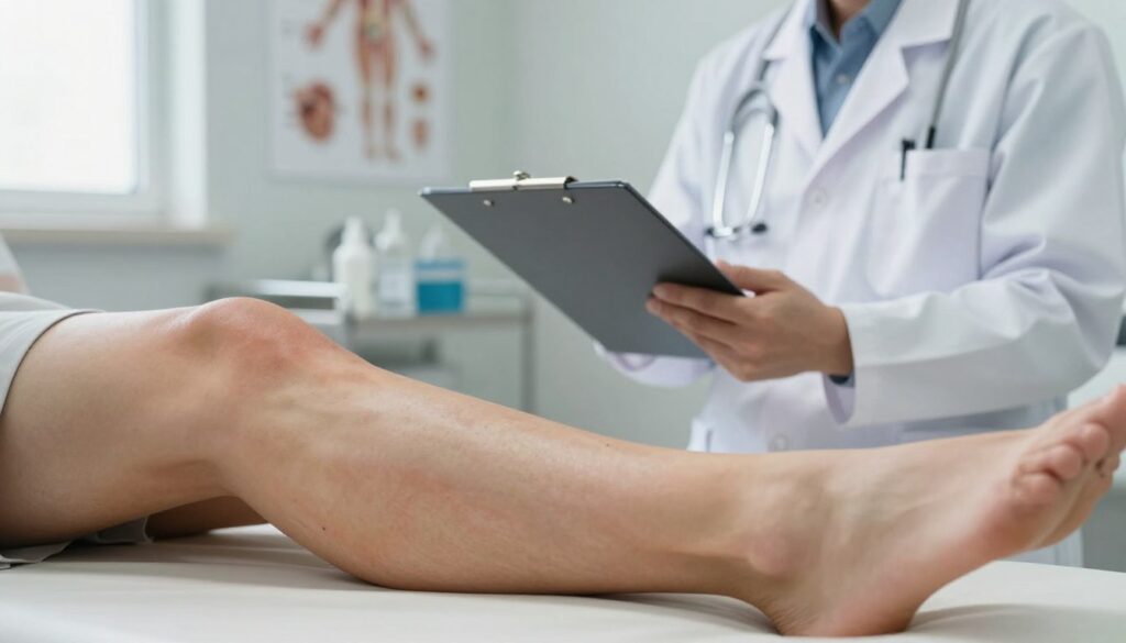 A clinical scene illustrating the early symptoms of deep vein thrombosis in lower limbs. In the foreground, a close-up of a pair of legs showing visible signs of swelling and discoloration, highlighting the areas most affected. The middle ground features a healthcare professional, dressed in a white lab coat, examining the legs with a clipboard in hand, emphasizing a sense of diagnosis. The background includes a softly lit medical office with sterile instruments and anatomical charts on the walls, creating a focused, professional atmosphere. Natural lighting from a window casts gentle shadows, enhancing the realism and seriousness of the subject matter. The mood is informative and educational, aiming to convey the importance of recognizing these symptoms for timely intervention.