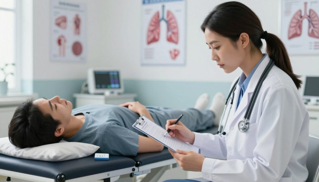 A clinical setting depicting the assessment of pulmonary embolism. In the foreground, a female doctor in professional attire, examining a patient's medical chart with focused intent. The middle ground showcases a patient lying on an examination table, with medical equipment like a stethoscope and D-dimer test kit nearby. The background includes a well-lit, modern hospital room featuring posters of respiratory systems and charts on the walls, conveying a sense of urgency and professionalism. Soft, natural lighting enhances the clinical atmosphere, emphasizing the serious nature of the assessment. The mood is focused and analytical, capturing the critical role of clinical evaluation in diagnosing pulmonary embolism.