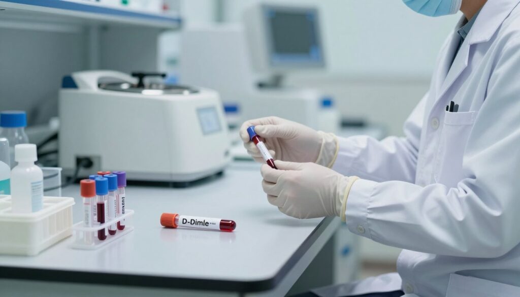A clinical setting depicting the process of blood testing for D-dimer levels, focusing on a sterile laboratory environment. In the foreground, a clean, well-organized examination table with medical vials specifically designed for blood samples, emphasizing one labeled for D-dimer analysis. In the middle ground, a healthcare professional in a lab coat, wearing gloves, carefully preparing the blood draw, showcasing precision and professionalism. The background features softly blurred laboratory equipment, such as centrifuges and diagnostic machines, with cool white lighting to create a clean and clinical atmosphere. The overall mood is serious yet calm, reflecting the importance of the D-dimer test in medical diagnostics. A clinical setting depicting the process of blood testing for D-dimer levels, focusing on a sterile laboratory environment. In the foreground, a clean, well-organized examination table with medical vials specifically designed for blood samples, emphasizing one labeled for D-dimer analysis. In the middle ground, a healthcare professional in a lab coat, wearing gloves, carefully preparing the blood draw, showcasing precision and professionalism. The background features softly blurred laboratory equipment, such as centrifuges and diagnostic machines, with cool white lighting to create a clean and clinical atmosphere. The overall mood is serious yet calm, reflecting the importance of the D-dimer test in medical diagnostics.