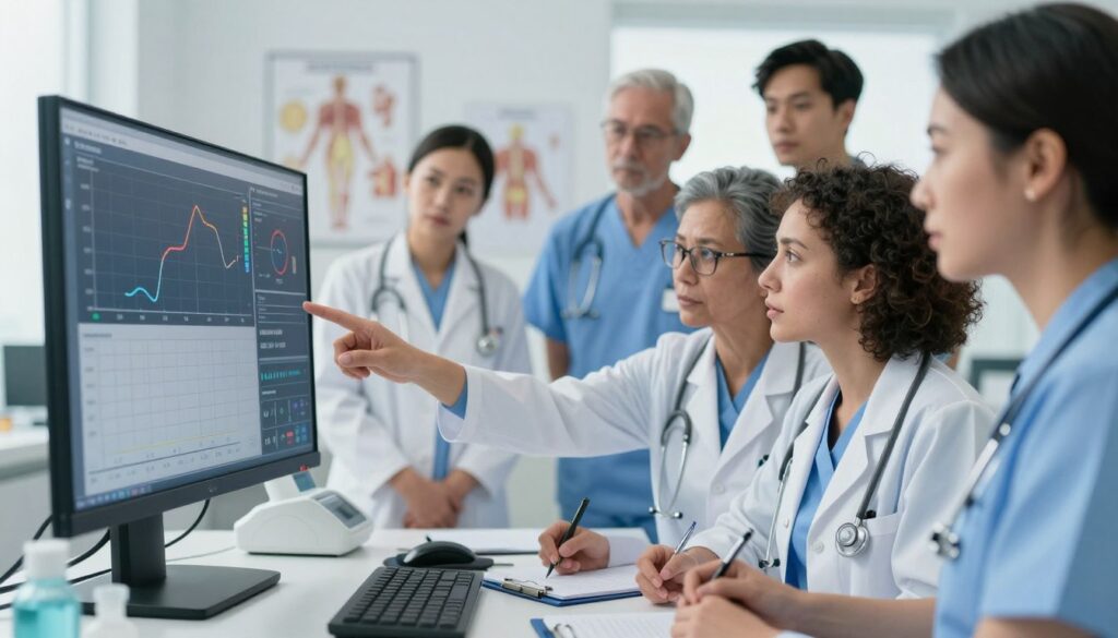 A clinical setting featuring a diverse group of healthcare professionals in professional attire, engaged in a discussion around a large digital monitor displaying complex graphs and information regarding D-dimer tests and thromboembolism risk assessment. The foreground includes a doctor pointing at the screen with an expression of focus and determination, while a nurse takes notes. In the middle ground, other team members observe attentively, highlighting the collaborative effort in understanding thrombotic risks. The background captures a bright, sterile medical room with anatomical charts and medical equipment. Soft, natural lighting enhances the atmosphere, conveying a sense of urgency and professionalism, emphasizing the importance of assessment in preventing venous thrombosis recurrence. A clinical setting featuring a diverse group of healthcare professionals in professional attire, engaged in a discussion around a large digital monitor displaying complex graphs and information regarding D-dimer tests and thromboembolism risk assessment. The foreground includes a doctor pointing at the screen with an expression of focus and determination, while a nurse takes notes. In the middle ground, other team members observe attentively, highlighting the collaborative effort in understanding thrombotic risks. The background captures a bright, sterile medical room with anatomical charts and medical equipment. Soft, natural lighting enhances the atmosphere, conveying a sense of urgency and professionalism, emphasizing the importance of assessment in preventing venous thrombosis recurrence.