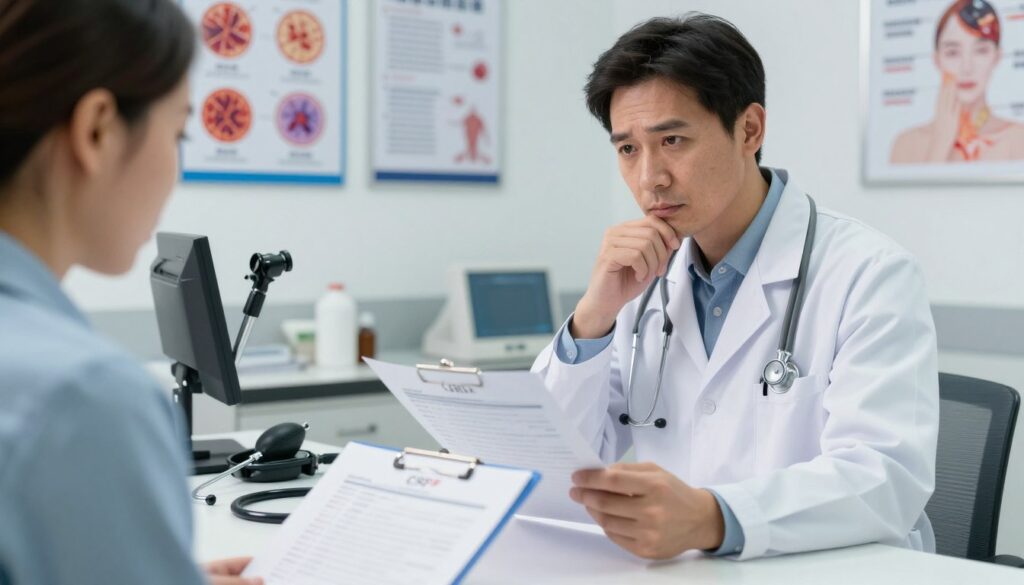 A clinical setting featuring a male doctor in a white lab coat, examining medical charts and discussing results with a concerned patient. The doctor has a thoughtful expression, symbolizing the serious nature of diagnosing inflammation. In the foreground, a close-up of lab test documents showing elevated CRP levels, with a stethoscope draped nearby. The middle ground includes a medical examination room, with diagnostic tools like an otoscope and a sphygmomanometer on a countertop. The background displays medical posters about inflammation and differential diagnosis. The lighting is bright and clinical, giving a sense of urgency and professionalism, captured with a slight perspective angle to add depth to the scene. The overall mood is serious yet informative, emphasizing the importance of accurate diagnosis.