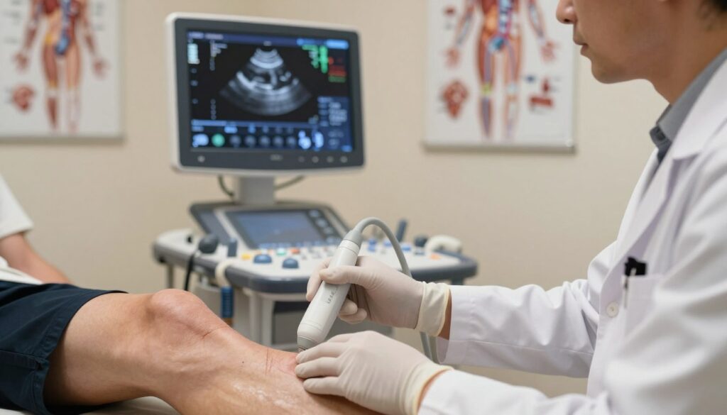 A clinical setting focused on "diagnostyka żył," featuring a close-up view of a medical professional in a sterile environment. The foreground showcases a doctor wearing a white lab coat and gloves, using a handheld Doppler ultrasound device to examine a patient's leg, highlighting visible veins. The middle ground includes medical equipment such as a monitor displaying a venous ultrasound image and anatomical charts of the vascular system on the walls. The background is softly blurred to emphasize the action, with warm, focused lighting creating a professional yet approachable atmosphere. The angle captures the intensity of the examination, emphasizing the importance of diagnosing complications like thrombosis post-sclerotherapy. The mood is serious and informative, suitable for a healthcare context. A clinical setting focused on "diagnostyka żył," featuring a close-up view of a medical professional in a sterile environment. The foreground showcases a doctor wearing a white lab coat and gloves, using a handheld Doppler ultrasound device to examine a patient's leg, highlighting visible veins. The middle ground includes medical equipment such as a monitor displaying a venous ultrasound image and anatomical charts of the vascular system on the walls. The background is softly blurred to emphasize the action, with warm, focused lighting creating a professional yet approachable atmosphere. The angle captures the intensity of the examination, emphasizing the importance of diagnosing complications like thrombosis post-sclerotherapy. The mood is serious and informative, suitable for a healthcare context.