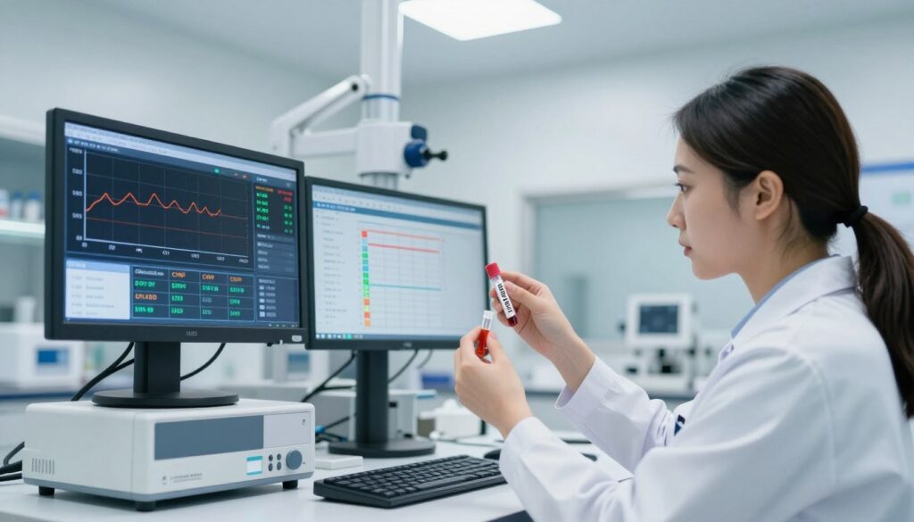 A clinical setting illustrating the monitoring of CRP levels, featuring a sleek, modern laboratory with advanced medical equipment. In the foreground, a healthcare professional in professional attire, closely examining a test tube filled with a blood sample, analyzing it with a focused expression. In the middle ground, an array of digital screens display relevant CRP level data, graphs showcasing trends, and some charts that indicate normal and elevated levels. The background should depict a sterile work environment with white walls and bright overhead lighting, creating a sense of cleanliness and efficiency. The atmosphere should be one of professionalism and attentiveness, highlighting the significance of accurate CRP level monitoring in treatment processes. A clinical setting illustrating the monitoring of CRP levels, featuring a sleek, modern laboratory with advanced medical equipment. In the foreground, a healthcare professional in professional attire, closely examining a test tube filled with a blood sample, analyzing it with a focused expression. In the middle ground, an array of digital screens display relevant CRP level data, graphs showcasing trends, and some charts that indicate normal and elevated levels. The background should depict a sterile work environment with white walls and bright overhead lighting, creating a sense of cleanliness and efficiency. The atmosphere should be one of professionalism and attentiveness, highlighting the significance of accurate CRP level monitoring in treatment processes.