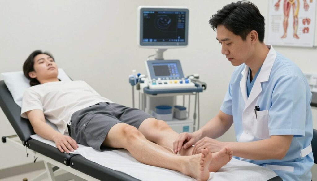 A clinical setting illustrating the post-procedure care following sclerotherapy. In the foreground, a medical professional, dressed in smart scrubs and a lab coat, is examining a patient's leg with a gentle expression, showcasing a focus on patient comfort. In the middle ground, the patient is reclining on an examination table, wearing modest, professional attire, with supportive medical equipment nearby. The background features a well-lit treatment room with equipment such as ultrasound machines and anatomical charts related to vascular health. Soft, natural lighting enhances the atmosphere of care and professionalism. The image should convey a sense of reassurance and expertise, capturing the importance of monitoring for complications post-sclerotherapy. A clinical setting illustrating the post-procedure care following sclerotherapy. In the foreground, a medical professional, dressed in smart scrubs and a lab coat, is examining a patient's leg with a gentle expression, showcasing a focus on patient comfort. In the middle ground, the patient is reclining on an examination table, wearing modest, professional attire, with supportive medical equipment nearby. The background features a well-lit treatment room with equipment such as ultrasound machines and anatomical charts related to vascular health. Soft, natural lighting enhances the atmosphere of care and professionalism. The image should convey a sense of reassurance and expertise, capturing the importance of monitoring for complications post-sclerotherapy.