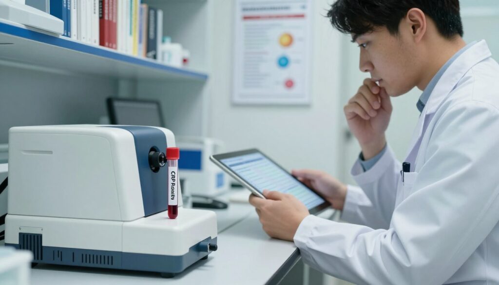A clinical setting with a focus on a laboratory table displaying a high-tech blood analysis machine. In the foreground, there's a transparent tube filled with blood serum labeled "CRP Results," highlighting a low CRP level. The middle ground features a healthcare professional in a white lab coat, examining the results with a thoughtful expression, using a tablet to cross-reference data, embodying professionalism. Behind them, shelves are stocked with medical textbooks and charts about inflammation and biomarkers. Soft, diffused lighting creates a calm, informative atmosphere, emphasizing the importance of understanding low CRP results in clinical practice. The camera angle is slightly tilted, capturing the detail of the lab equipment and the engaged expression of the healthcare professional, evoking a mood of diligence and clarity.