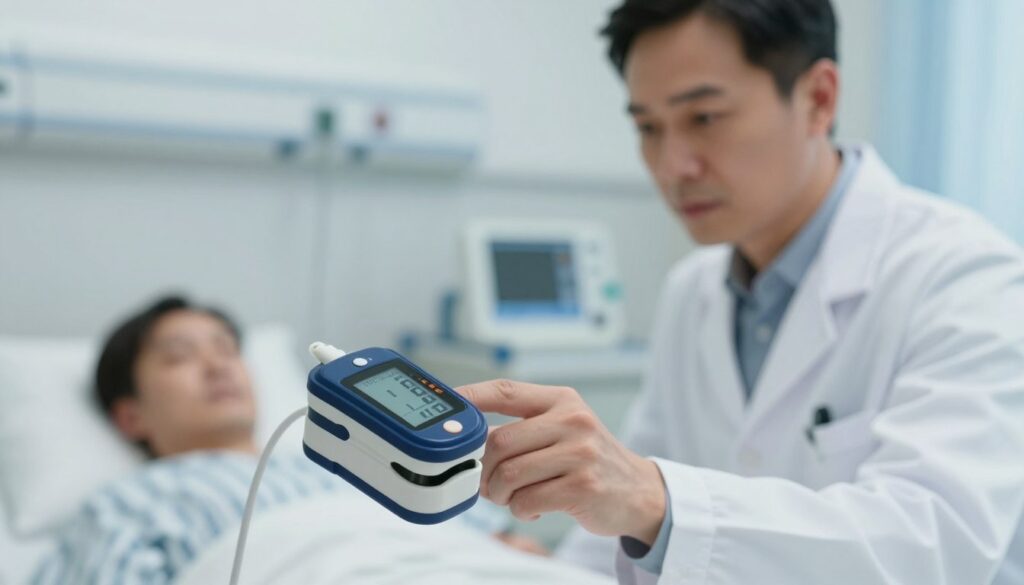 A clinical setting with a pulse oximeter prominently displayed in the foreground, showing low oxygen saturation levels on its digital screen. In the middle ground, a healthcare professional in a white lab coat, with a focused expression, is monitoring the patient's oxygen levels, creating a sense of urgency. The background features a softly lit hospital room, with medical equipment and subtle signs of modern technology, evoking a serious and professional atmosphere. The lighting is bright but soft, emphasizing clarity and detail, while maintaining a clinical feel. The angle is slightly elevated, capturing both the pulse oximeter and the healthcare professional's attentive demeanor, conveying the importance of interpreting oxygen saturation results accurately. A clinical setting with a pulse oximeter prominently displayed in the foreground, showing low oxygen saturation levels on its digital screen. In the middle ground, a healthcare professional in a white lab coat, with a focused expression, is monitoring the patient's oxygen levels, creating a sense of urgency. The background features a softly lit hospital room, with medical equipment and subtle signs of modern technology, evoking a serious and professional atmosphere. The lighting is bright but soft, emphasizing clarity and detail, while maintaining a clinical feel. The angle is slightly elevated, capturing both the pulse oximeter and the healthcare professional's attentive demeanor, conveying the importance of interpreting oxygen saturation results accurately.