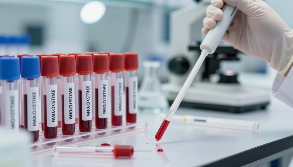 A close-up depiction of blood samples in laboratory vials, each labeled meticulously for clarity. In the foreground, a hand wearing a laboratory glove holds a pipette, poised to transfer a blood sample, showcasing a sense of precision and scientific inquiry. The middle shows a transparent surface with scattered medical instruments like centrifuge tubes and sterile needles. The background features blurred laboratory equipment like microscopes and safety lights, creating a busy but organized laboratory atmosphere. Soft, diffused lighting enhances the professional environment, reflecting an aura of trust and credibility. The color palette should be a mix of deep reds and sterile whites, emphasizing the seriousness of medical testing.