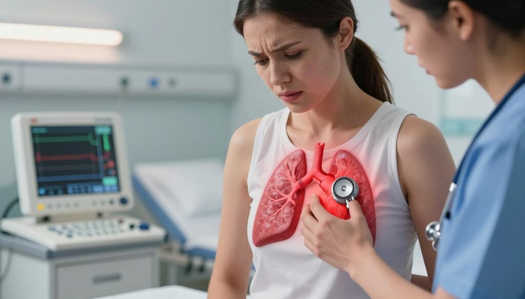 A close-up, highly detailed illustration of a woman's chest area in a clinical setting, focusing on the heart and lungs to symbolize chest pain. The foreground features a medical professional in modest scrubs, examining a patient with a concerned expression. The middle ground includes medical equipment like a stethoscope and an ECG monitor, emphasizing urgency. The background is softly blurred, depicting a hospital room with ambient lighting that creates a sterile yet warm environment. The image captures a sense of concern and professionalism, with soft, natural lighting highlighting the human elements, evoking the importance of immediate medical attention for symptoms that could indicate serious health issues. A close-up, highly detailed illustration of a woman's chest area in a clinical setting, focusing on the heart and lungs to symbolize chest pain. The foreground features a medical professional in modest scrubs, examining a patient with a concerned expression. The middle ground includes medical equipment like a stethoscope and an ECG monitor, emphasizing urgency. The background is softly blurred, depicting a hospital room with ambient lighting that creates a sterile yet warm environment. The image captures a sense of concern and professionalism, with soft, natural lighting highlighting the human elements, evoking the importance of immediate medical attention for symptoms that could indicate serious health issues.