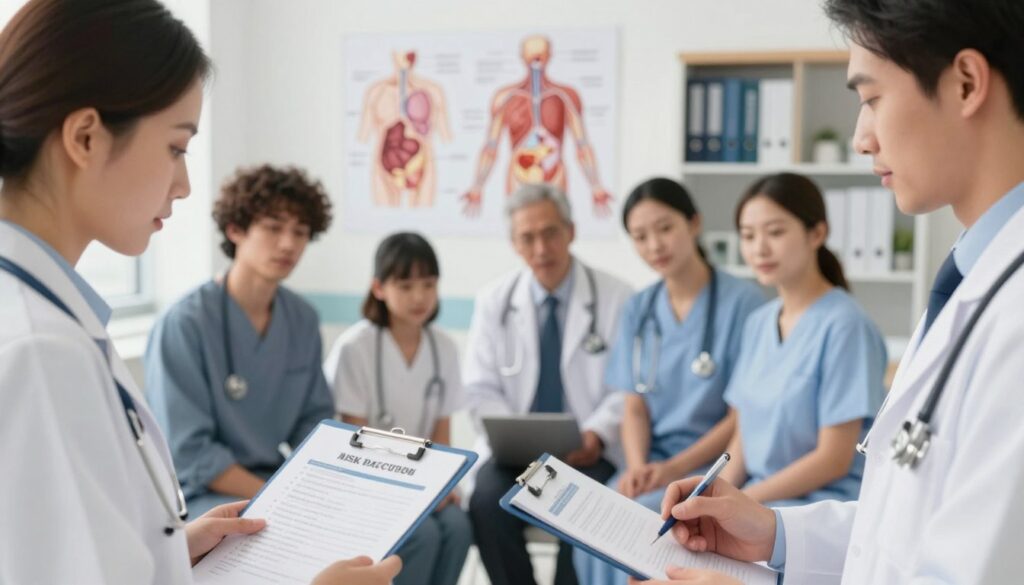 A close-up illustration of a clinical setting focused on the risk factors associated with anal conditions, featuring a diverse group of medical professionals in professional business attire. In the foreground, a doctor is attentively reviewing patient charts, emphasizing the importance of identifying risk factors such as obesity, sedentary lifestyle, and family history. The middle ground includes anatomical diagrams of the human body highlighting areas of concern, with soft, diffused lighting creating a calm yet serious atmosphere. The background showcases a well-organized medical office with bookshelves filled with medical texts, enhancing the educational context. The overall mood is informative and professional, aiming to educate viewers about potential complications related to untreated hemorrhoidal thrombosis. A close-up illustration of a clinical setting focused on the risk factors associated with anal conditions, featuring a diverse group of medical professionals in professional business attire. In the foreground, a doctor is attentively reviewing patient charts, emphasizing the importance of identifying risk factors such as obesity, sedentary lifestyle, and family history. The middle ground includes anatomical diagrams of the human body highlighting areas of concern, with soft, diffused lighting creating a calm yet serious atmosphere. The background showcases a well-organized medical office with bookshelves filled with medical texts, enhancing the educational context. The overall mood is informative and professional, aiming to educate viewers about potential complications related to untreated hemorrhoidal thrombosis.