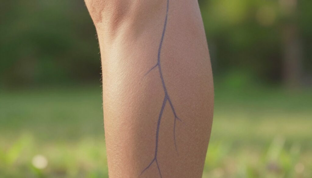 A close-up of a human leg displaying signs of "żył głębokich" condition, with visible dark-blue, dilated veins prominently contrasting against the skin. The leg is positioned in a way to emphasize both the affected area and overall leg health. In the background, soft-focus greenery symbolizes a tranquil outdoor setting, representing the importance of nature in recovery and prevention. The lighting is warm and natural, illuminating the veins and skin texture while casting soft shadows that add depth. The mood conveys a sense of awareness and understanding of health, urging viewers to reflect on the importance of prevention. The overall scene should evoke professionalism and empathy, avoiding any unsettling visuals while remaining informative. A close-up of a human leg displaying signs of "żył głębokich" condition, with visible dark-blue, dilated veins prominently contrasting against the skin. The leg is positioned in a way to emphasize both the affected area and overall leg health. In the background, soft-focus greenery symbolizes a tranquil outdoor setting, representing the importance of nature in recovery and prevention. The lighting is warm and natural, illuminating the veins and skin texture while casting soft shadows that add depth. The mood conveys a sense of awareness and understanding of health, urging viewers to reflect on the importance of prevention. The overall scene should evoke professionalism and empathy, avoiding any unsettling visuals while remaining informative.