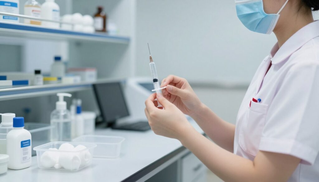 A close-up scene of a healthcare professional in a modern medical laboratory, preparing for a blood test. The foreground features a well-dressed nurse in professional attire, holding a syringe gently, exuding confidence and care. In the middle, a clean, organized laboratory bench is visible, with medical supplies neatly arranged, including alcohol swabs, cotton balls, and sterile containers. The background shows shelves stocked with various medical instruments, softly blurred to maintain focus on the nurse. The lighting is bright and clinical, creating a sense of cleanliness and professionalism. The atmosphere is calm and reassuring, ideal for a medical setting, emphasizing the importance of proper preparation for a CRP blood test.