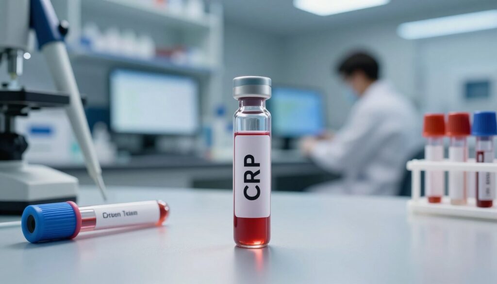 A close-up view of a blood sample in a glass vial labeled "CRP" placed on a sterile laboratory table, surrounded by various medical equipment like pipettes and test tubes. Soft, focused lighting highlights the vial's contents, casting gentle reflections. In the background, blurred images of a modern lab with researchers in professional lab coats analyzing data on computers, adding depth and context. The overall atmosphere is clinical and informative, evoking the seriousness of medical testing. Capture the meticulous nature of laboratory work while emphasizing the importance of understanding protein levels in the body.