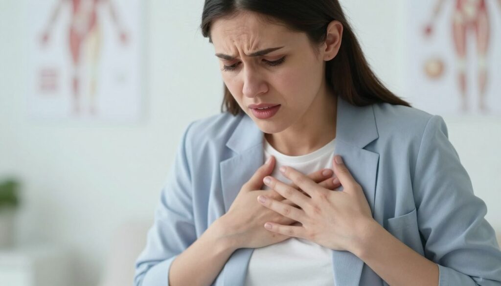 A close-up view of a concerned pregnant woman, dressed in a modest, professional outfit, placing a gentle hand on her chest as she expresses worry about potential chest pain. The background features a softly lit, calming medical environment, with subtle hints of health-related imagery, such as anatomical diagrams subtly blurred. Bright, diffused lighting highlights her facial expression, which conveys anxiety and uncertainty. The focus is on the warmth of her skin tones contrasting with the coolness of the clinical setting. The scene should evoke a sense of concern while maintaining a professional tone, suitable for an informative article about pregnancy-related health issues. The overall mood is serious but hopeful, reflecting the importance of awareness in health matters.
