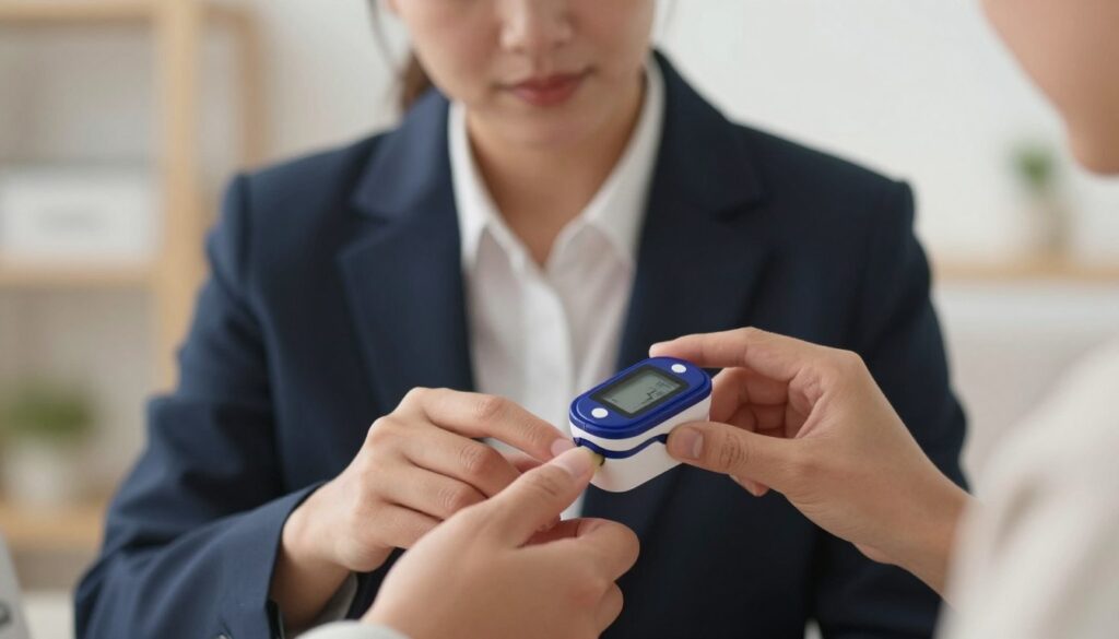 A close-up view of a healthcare professional calmly measuring blood oxygen saturation with a fingertip pulse oximeter on a patient's hand. In the foreground, the hand, gently positioned, shows the device's display glowing softly. The middle ground features the healthcare professional, dressed in smart business attire, focusing intently on the measurement, with their face partially visible, reflecting a professional demeanor. The background is softly blurred, indicating a home environment with warm, inviting lighting, perhaps a living room or comfortable medical setting, hinting at a relaxed atmosphere for home health monitoring. The overall mood conveys professionalism, care, and reassurance in performing health assessments at home. A close-up view of a healthcare professional calmly measuring blood oxygen saturation with a fingertip pulse oximeter on a patient's hand. In the foreground, the hand, gently positioned, shows the device's display glowing softly. The middle ground features the healthcare professional, dressed in smart business attire, focusing intently on the measurement, with their face partially visible, reflecting a professional demeanor. The background is softly blurred, indicating a home environment with warm, inviting lighting, perhaps a living room or comfortable medical setting, hinting at a relaxed atmosphere for home health monitoring. The overall mood conveys professionalism, care, and reassurance in performing health assessments at home.