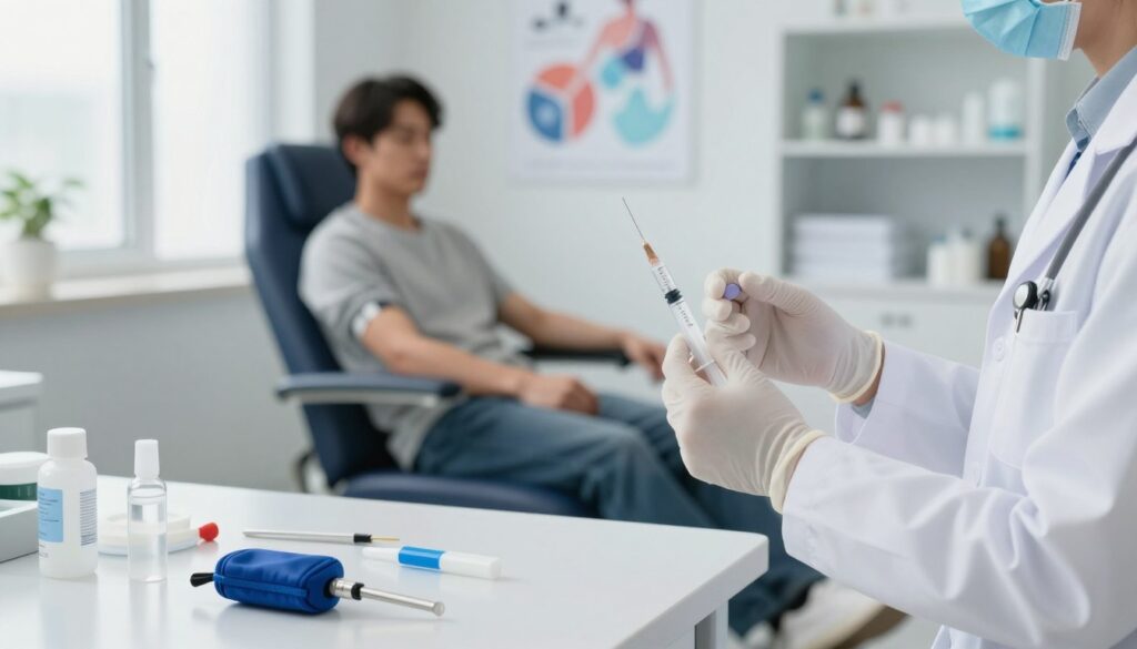 A close-up view of a healthcare professional in a modern clinic environment preparing for a blood draw. The foreground features a clean, well-organized medical table with an array of sterile tools including a tourniquet, alcohol swabs, and vials. The healthcare worker, dressed in a crisp white coat and gloves, is gently holding a syringe, demonstrating a careful and professional demeanor. In the middle ground, a patient in modest casual clothing sits comfortably on an examination chair, visibly relaxed. Soft, natural lighting streams through a nearby window, creating a calming atmosphere. The background includes abstract medical posters and a shelf filled with medical supplies, enhancing the healthcare setting. The overall mood is one of professionalism and care, perfectly suited for illustrating the preparation for a venous blood test.