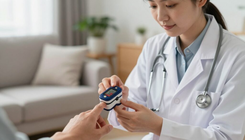 A close-up view of a healthcare professional, wearing a white lab coat and a stethoscope, demonstrating the correct use of a pulse oximeter on a patient's finger at home. The scene is set in a cozy, well-lit living room, with a soft focus on a comfortable sofa and a potted plant in the background. Natural light streams in from a window, highlighting the careful expression on the healthcare professional's face, conveying a sense of calm and reassurance. The pulse oximeter is detailed and clearly visible, capturing the red lights and display screen showing a saturation level under 90%. The atmosphere is informative and supportive, aimed at educating viewers on proper techniques for measuring blood oxygen saturation. A close-up view of a healthcare professional, wearing a white lab coat and a stethoscope, demonstrating the correct use of a pulse oximeter on a patient's finger at home. The scene is set in a cozy, well-lit living room, with a soft focus on a comfortable sofa and a potted plant in the background. Natural light streams in from a window, highlighting the careful expression on the healthcare professional's face, conveying a sense of calm and reassurance. The pulse oximeter is detailed and clearly visible, capturing the red lights and display screen showing a saturation level under 90%. The atmosphere is informative and supportive, aimed at educating viewers on proper techniques for measuring blood oxygen saturation.