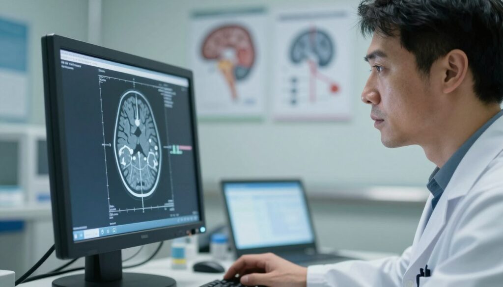 A close-up view of a high-tech medical imaging machine in a sterile hospital environment, focusing on the intricate details of a brain scan displayed on a computer screen. In the foreground, a professional wearing a lab coat examines the scan carefully, their face illuminated by soft, diffused lighting from the monitor, casting gentle reflections on their focused expression. In the middle ground, other medical equipment and charts related to brain imaging diagnostics hint at a busy diagnostic room. The background features softly blurred images of brain anatomy and flowcharts, creating a clinical atmosphere. The overall mood is serious and diligent, emphasizing the importance of precise diagnostics in brain healthcare.