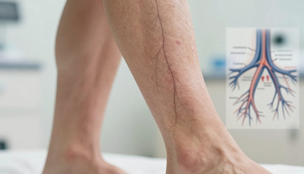 A close-up view of a human leg displaying signs of "deep vein thrombosis," showcasing dark, engorged veins prominently under the skin. The foreground features a healthy, well-groomed leg with subtle symptoms such as slight swelling and discoloration, depicted in a realistic manner. The middle section includes an illustration of medical diagrams highlighting the venous system, emphasizing the location of deep veins. The background is a softly blurred clinical setting with neutral colors, promoting a sense of professionalism. Soft, even lighting illuminates the leg, creating a clinical yet approachable mood. The angle is slightly tilted to provide depth, focusing on the leg while allowing the medical diagrams to be visible as a reference. A close-up view of a human leg displaying signs of "deep vein thrombosis," showcasing dark, engorged veins prominently under the skin. The foreground features a healthy, well-groomed leg with subtle symptoms such as slight swelling and discoloration, depicted in a realistic manner. The middle section includes an illustration of medical diagrams highlighting the venous system, emphasizing the location of deep veins. The background is a softly blurred clinical setting with neutral colors, promoting a sense of professionalism. Soft, even lighting illuminates the leg, creating a clinical yet approachable mood. The angle is slightly tilted to provide depth, focusing on the leg while allowing the medical diagrams to be visible as a reference.