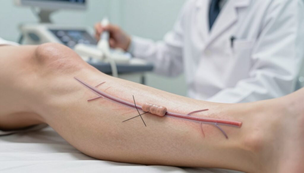 A close-up view of a human leg, emphasizing the deep veins to illustrate deep vein thrombosis (DVT). The skin is depicted with a natural tone, showing slight swelling and discoloration, typical of DVT symptoms. In the foreground, an annotated diagram highlights the location of the thrombus within the vein, using a soft color palette to avoid harsh contrasts. The middle ground features a healthcare professional in a lab coat examining the leg, using an ultrasound device, creating a clinical atmosphere. The background consists of a sterile medical environment with soft, diffused lighting that enhances the seriousness of the examination. The overall mood conveys professionalism and urgency, suitable for a medical context. A close-up view of a human leg, emphasizing the deep veins to illustrate deep vein thrombosis (DVT). The skin is depicted with a natural tone, showing slight swelling and discoloration, typical of DVT symptoms. In the foreground, an annotated diagram highlights the location of the thrombus within the vein, using a soft color palette to avoid harsh contrasts. The middle ground features a healthcare professional in a lab coat examining the leg, using an ultrasound device, creating a clinical atmosphere. The background consists of a sterile medical environment with soft, diffused lighting that enhances the seriousness of the examination. The overall mood conveys professionalism and urgency, suitable for a medical context.