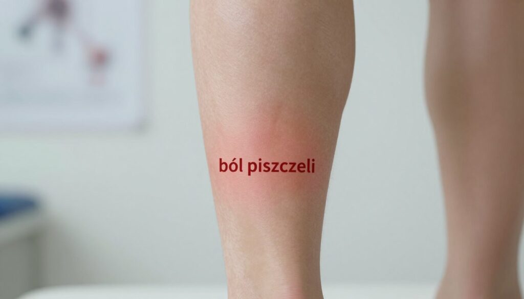 A close-up view of a human lower leg, particularly focusing on the shin area where the "ból piszczeli" or shin pain originates. The leg is casually positioned, displaying subtle signs of discomfort. Soft natural lighting highlights the skin's texture, creating a realistic appearance. In the background, a faint blur of a clinical environment is suggested with medical charts partially visible, indicating a doctor's office or physiotherapy setting. The atmosphere conveys a sense of concern yet professionalism, aimed at fostering understanding of the symptoms. The image should be devoid of any text, ensuring focus solely on the subject of shin pain and its indications, evoking a clinical yet approachable tone.