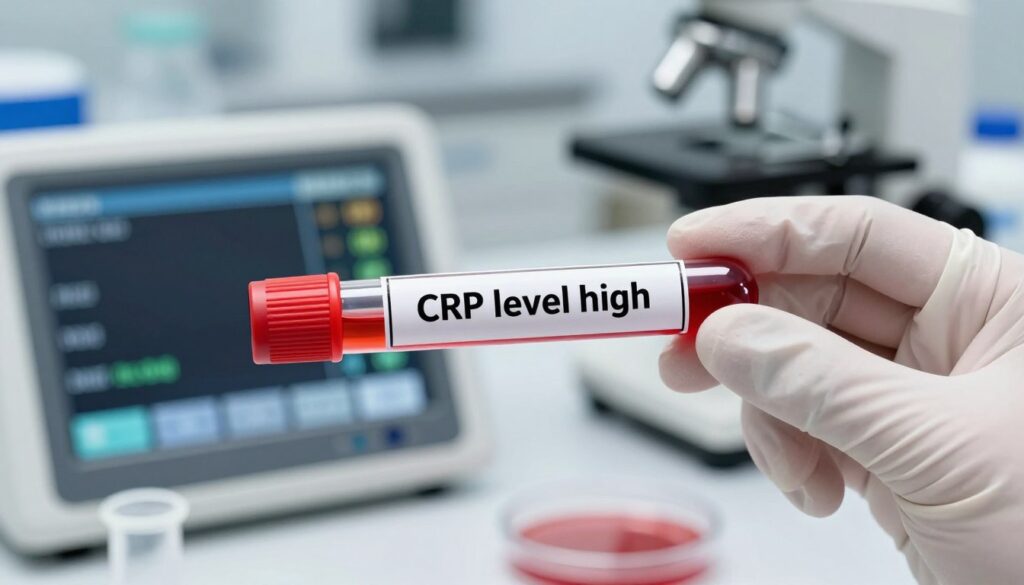 A close-up view of a laboratory environment focused on a blood test result labeled "CRP level high." In the foreground, a gloved hand holds a test tube with a bright red fluid, symbolizing elevated CRP levels. The middle layer includes a digital display with various health indicators, particularly emphasizing the high CRP value. The background features blurred scientific equipment like microscopes and petri dishes, creating a clinical atmosphere. Soft, diffused lighting illuminates the scene, enhancing the colors and details. The mood conveys seriousness and urgency, highlighting the importance of monitoring protein levels in treatment, while maintaining a clean and professional aesthetic. A close-up view of a laboratory environment focused on a blood test result labeled "CRP level high." In the foreground, a gloved hand holds a test tube with a bright red fluid, symbolizing elevated CRP levels. The middle layer includes a digital display with various health indicators, particularly emphasizing the high CRP value. The background features blurred scientific equipment like microscopes and petri dishes, creating a clinical atmosphere. Soft, diffused lighting illuminates the scene, enhancing the colors and details. The mood conveys seriousness and urgency, highlighting the importance of monitoring protein levels in treatment, while maintaining a clean and professional aesthetic.