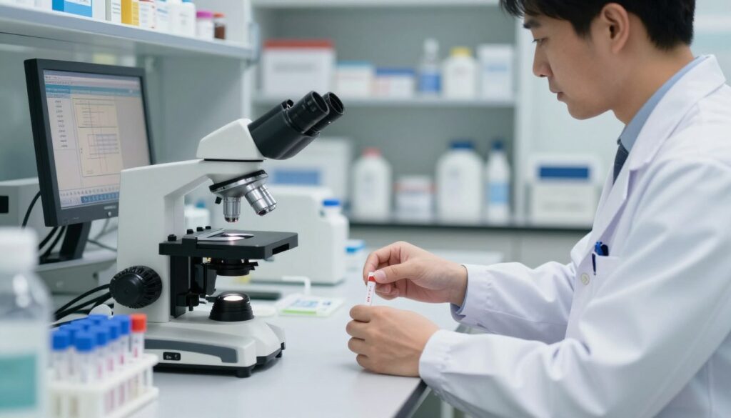 A close-up view of a laboratory scene featuring a hospital setting with a focus on medical equipment used for testing C-reactive protein (CRP) levels in newborns. The foreground includes a well-organized workstation with a microscope, test tubes, and a digital monitor displaying CRP results, illuminated with sterile, bright lighting. In the middle ground, a healthcare professional in a white lab coat is attentively analyzing samples, showcasing a concentration on their task. The background is softly blurred but reveals shelves stocked with medical supplies and reference books, enhancing the clinical atmosphere. The overall mood is serious and professional, conveying the critical nature of diagnosing infections in newborns through CRP testing.