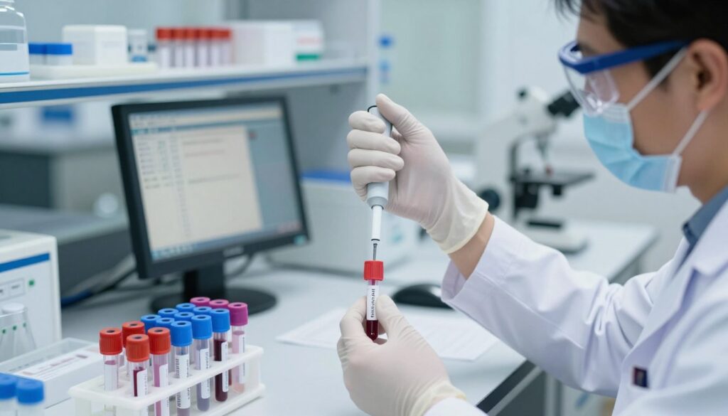 A close-up view of a laboratory setting focused on D-dimer testing. In the foreground, a scientist in a white lab coat, wearing safety goggles and gloves, is carefully handling a blood sample in a test tube with a pipette, showcasing precision and professionalism. In the middle, an array of colorful test tubes and a D-dimer assay kit are organized, with a digital monitor displaying results in the background. The background features a neatly arranged lab bench with various medical instruments, illuminated by soft, bright overhead lighting that highlights the sterile environment. The atmosphere is focused and calm, embodying a serious approach to monitoring anticoagulant therapy effectiveness. The angle is slightly above eye level, giving a comprehensive view of the meticulous process. A close-up view of a laboratory setting focused on D-dimer testing. In the foreground, a scientist in a white lab coat, wearing safety goggles and gloves, is carefully handling a blood sample in a test tube with a pipette, showcasing precision and professionalism. In the middle, an array of colorful test tubes and a D-dimer assay kit are organized, with a digital monitor displaying results in the background. The background features a neatly arranged lab bench with various medical instruments, illuminated by soft, bright overhead lighting that highlights the sterile environment. The atmosphere is focused and calm, embodying a serious approach to monitoring anticoagulant therapy effectiveness. The angle is slightly above eye level, giving a comprehensive view of the meticulous process.