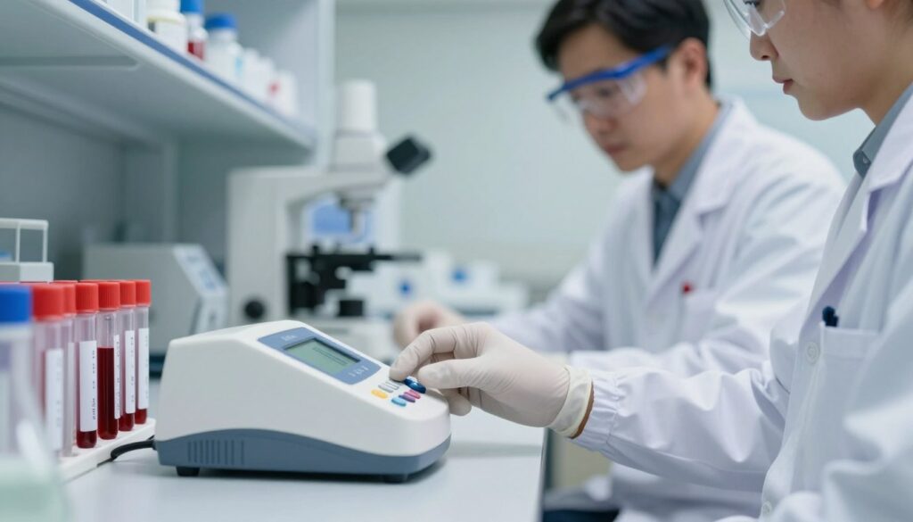 A close-up view of a laboratory setting focused on D-dimer testing. In the foreground, a well-organized lab bench displays a digital D-dimer test device and several test tubes containing blood samples, showing varying levels of red-colored solutions, symbolizing different D-dimer concentrations. The middle ground includes a skilled technician in a white lab coat, carefully calibrating the device, wearing gloves and protective eyewear. The background features shelves with scientific equipment and a soft light illuminating the space, creating a clean and professional atmosphere. The scene conveys a sense of precision and urgency, emphasizing the importance of accurate D-dimer measurement in medical diagnostics. The overall mood is focused and clinical, ideal for an educational context.