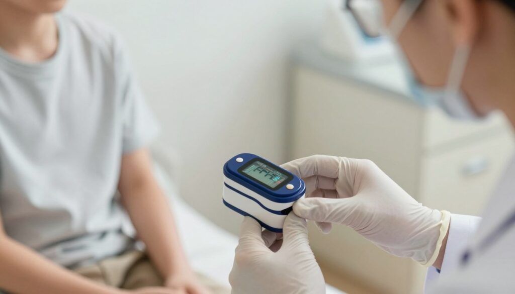 A close-up view of a medical professional gently using a pulse oximeter on a patient's fingertip in a clinical setting. The foreground features the pulse oximeter's display screen showing a vivid digital readout of blood oxygen saturation levels. In the middle, the doctor's hand, clad in a sterile glove, carefully holds the device, conveying precision and care. The patient, dressed in a simple, modest outfit, appears relaxed and attentive. In the background, soft, diffused lighting creates a calming atmosphere, emphasizing a clean, well-organized hospital environment. The overall mood suggests trust and professionalism in healthcare, highlighting the importance of accurate saturation measurement. A close-up view of a medical professional gently using a pulse oximeter on a patient's fingertip in a clinical setting. The foreground features the pulse oximeter's display screen showing a vivid digital readout of blood oxygen saturation levels. In the middle, the doctor's hand, clad in a sterile glove, carefully holds the device, conveying precision and care. The patient, dressed in a simple, modest outfit, appears relaxed and attentive. In the background, soft, diffused lighting creates a calming atmosphere, emphasizing a clean, well-organized hospital environment. The overall mood suggests trust and professionalism in healthcare, highlighting the importance of accurate saturation measurement.