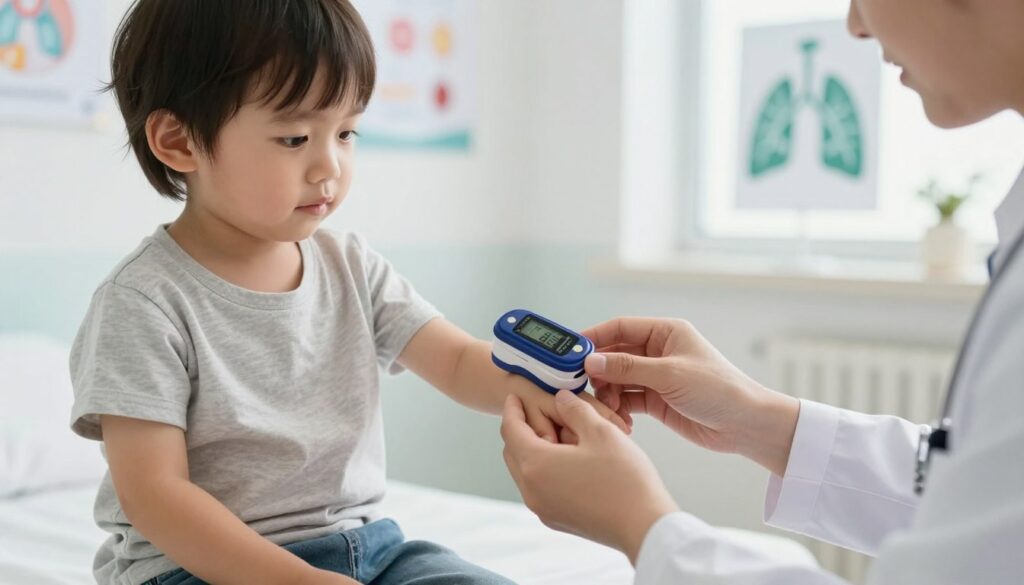 A close-up view of a professional healthcare setting, showcasing a pediatric patient, a 3-year-old child, sitting calmly on an examination table. The child's face is relaxed and curious, wearing a comfortable, modest shirt, as a doctor in a white coat gently holds a pulse oximeter on the child's finger, displaying a bright screen showing the oxygen saturation percentage. The scene is well-lit with soft, natural light coming from a window in the background, creating an inviting atmosphere. Medical posters related to respiratory health are subtly visible on the walls, adding context. The lens is slightly zoomed in, focusing on the interaction between the doctor and the child, emphasizing trust and care in a pediatric setting. A close-up view of a professional healthcare setting, showcasing a pediatric patient, a 3-year-old child, sitting calmly on an examination table. The child's face is relaxed and curious, wearing a comfortable, modest shirt, as a doctor in a white coat gently holds a pulse oximeter on the child's finger, displaying a bright screen showing the oxygen saturation percentage. The scene is well-lit with soft, natural light coming from a window in the background, creating an inviting atmosphere. Medical posters related to respiratory health are subtly visible on the walls, adding context. The lens is slightly zoomed in, focusing on the interaction between the doctor and the child, emphasizing trust and care in a pediatric setting.