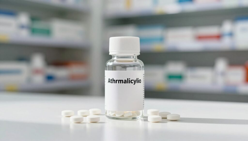 A close-up view of a small glass bottle of acetylsalicylic acid pills, prominently displayed in the foreground. The bottle should be surrounded by scattered pills on a smooth, reflective white surface, conveying a sense of accessibility and over-the-counter use. In the background, softly blurred pharmacy shelves filled with other medications can hint at a medical environment. Natural daylight filters in, creating soft highlights and gentle shadows that enhance the image's clarity. The overall mood should be informative and reassuring, emphasizing the concept of medication readily available to consumers for thrombosis prevention. Ensure there are no labels or brand names visible on the bottle.