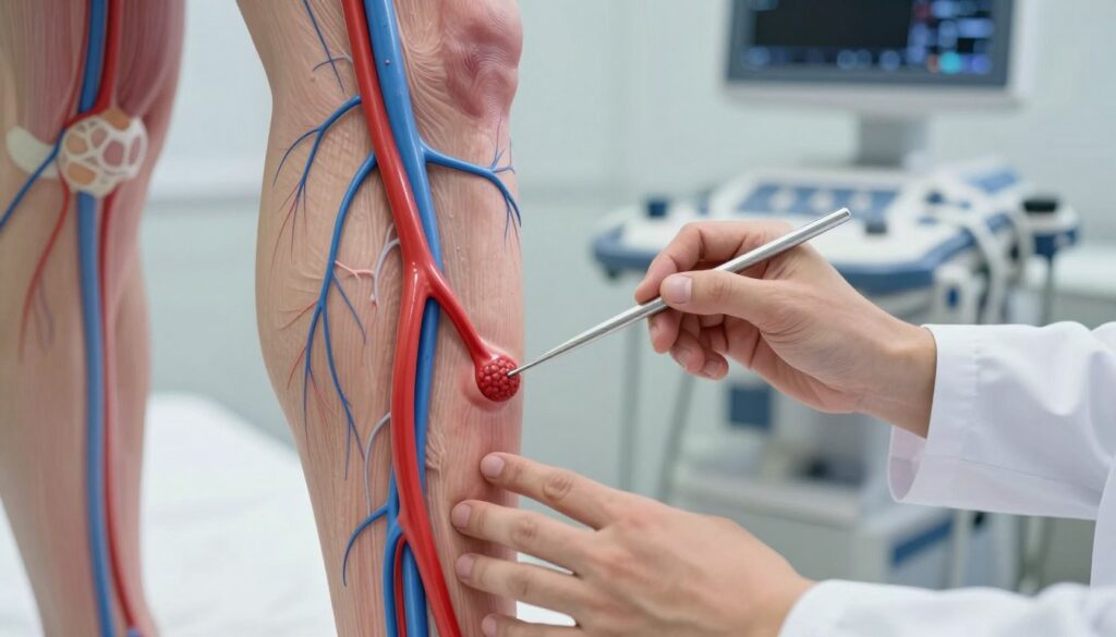 A close-up view of an anatomical illustration depicting deep vein thrombosis (DVT) in the leg, showcasing the intricate network of veins in a realistic style. The foreground features a detailed rendering of affected veins highlighted in red, indicating thrombosis, with contrasting healthy veins shown in blue. In the middle, a professional healthcare practitioner in a lab coat examines the leg, using a pointer to emphasize the thrombus. The background is softly blurred, suggesting a clinical setting, with diagnostic tools like ultrasound machines subtly visible. The lighting is bright and clinical, casting soft shadows to enhance the details. The mood is informative and educational, aimed at providing clarity on the topic of pharmacological and procedural treatment methods for DVT. A close-up view of an anatomical illustration depicting deep vein thrombosis (DVT) in the leg, showcasing the intricate network of veins in a realistic style. The foreground features a detailed rendering of affected veins highlighted in red, indicating thrombosis, with contrasting healthy veins shown in blue. In the middle, a professional healthcare practitioner in a lab coat examines the leg, using a pointer to emphasize the thrombus. The background is softly blurred, suggesting a clinical setting, with diagnostic tools like ultrasound machines subtly visible. The lighting is bright and clinical, casting soft shadows to enhance the details. The mood is informative and educational, aimed at providing clarity on the topic of pharmacological and procedural treatment methods for DVT.