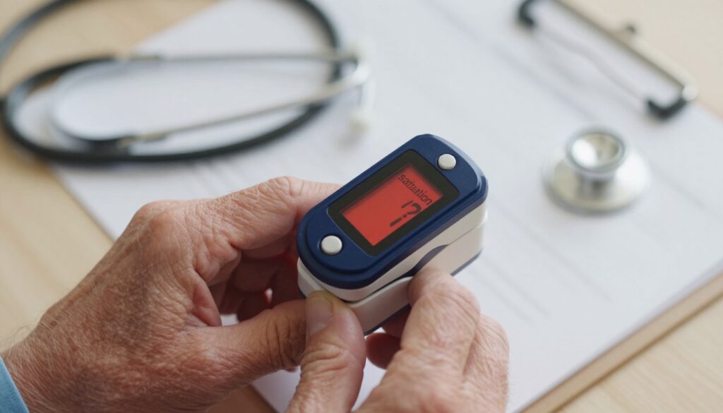 A close-up view of an elderly person’s hand gently holding a pulse oximeter, with the device displaying a bright red reading of "saturation." The hand shows subtle age-related characteristics, such as wrinkles and veins, conveying the notion of senior health. In the background, an out-of-focus scene of a healthcare setting, including a stethoscope and a softly lit medical chart, creates a professional and calm atmosphere. Warm lighting enhances the intimate and informative mood while a shallow depth of field keeps the focus on the pulse oximeter and the hand. The image should be clear and engaging, emphasizing the importance of blood oxygen saturation in older adults without any text or distractions.