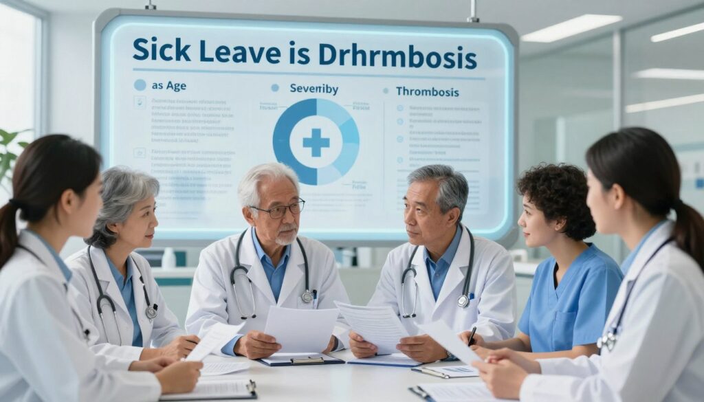A complex medical environment illustrating the factors influencing the duration of sick leave due to thrombosis. In the foreground, a diverse group of healthcare professionals in professional attire—doctors and nurses—are discussing medical charts and data, symbolizing collaboration and expertise. The middle ground features a large transparent screen displaying visual infographics highlighting key factors affecting sick leave duration, like age, severity of condition, and medical history, with symbols representing these elements. The background showcases a well-lit, modern hospital setting with medical equipment, conveying a sense of professionalism and urgency. Soft, natural lighting illuminates the scene, creating an atmosphere of calm yet focused determination. The composition should evoke a sense of seriousness about health management and patient care. A complex medical environment illustrating the factors influencing the duration of sick leave due to thrombosis. In the foreground, a diverse group of healthcare professionals in professional attire—doctors and nurses—are discussing medical charts and data, symbolizing collaboration and expertise. The middle ground features a large transparent screen displaying visual infographics highlighting key factors affecting sick leave duration, like age, severity of condition, and medical history, with symbols representing these elements. The background showcases a well-lit, modern hospital setting with medical equipment, conveying a sense of professionalism and urgency. Soft, natural lighting illuminates the scene, creating an atmosphere of calm yet focused determination. The composition should evoke a sense of seriousness about health management and patient care.