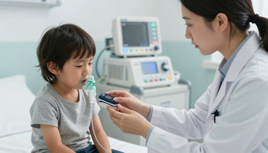 A concerned healthcare professional, dressed in a tidy white coat, is checking a child's oxygen saturation levels using a portable pulse oximeter. The foreground features the child sitting on an examination table, displaying signs of slight distress such as pale skin and rapid breathing. In the middle background, medical equipment like monitors and an oxygen mask are softly illuminated, creating a clinical environment that emphasizes urgency. The lighting is bright and clinical, casting soft shadows to enhance the seriousness of the situation. The overall atmosphere conveys a sense of concern and the need for immediate action. The image highlights the crucial symptoms of hypoxia in children, focusing on health and care without any distractions or text overlays.