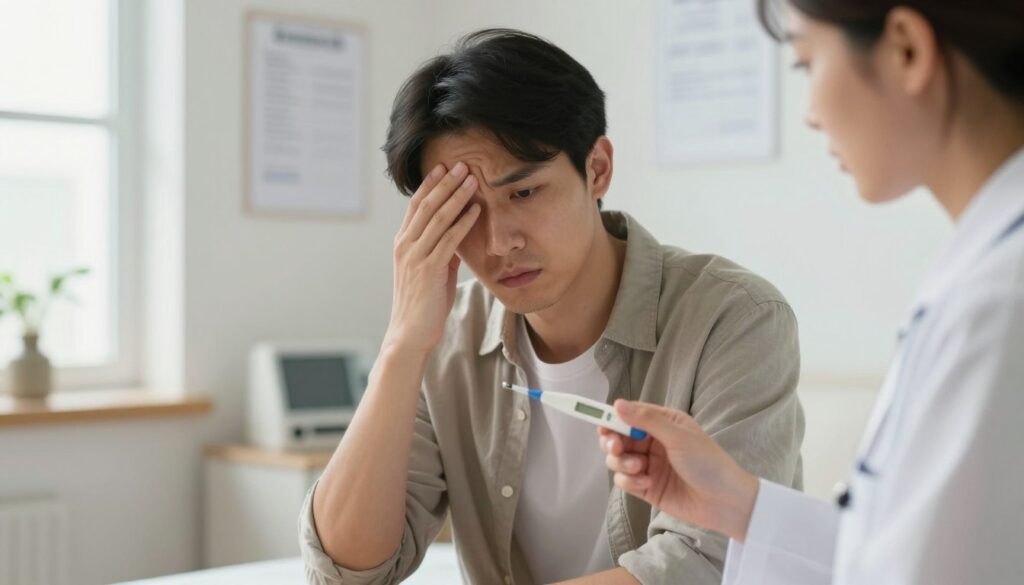 A concerned individual, dressed in modest casual clothing, sits in a clean and well-lit medical office, visibly contemplating their health. In the foreground, they hold a digital thermometer, displaying a slight fever reading. The mood is one of uncertainty and seriousness. In the background, a medical professional in a lab coat stands nearby, attentively listening, with medical charts and equipment subtly visible on the walls. Soft, diffused natural light filters in through a window, creating a warm yet clinical atmosphere. The angle captures both faces in a mid-shot, emphasizing the importance of seeking medical advice for persistent low-grade fever.