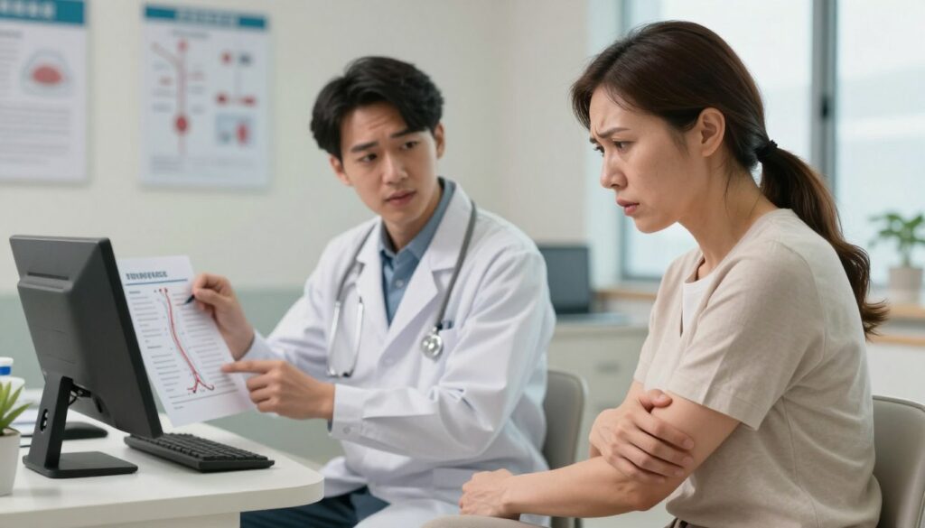A concerned individual sitting in a well-lit, modern medical office, looking at a healthcare professional who is explaining symptoms related to vascular issues. The foreground features the patient, a middle-aged Caucasian woman in professional attire, showing a worried expression while holding her arm to indicate discomfort. In the middle ground, the healthcare professional, a young Asian male doctor in a white coat, points to a chart outlining signs of blood circulation issues. The background shows neutral-colored walls with medical posters and a window allowing soft natural light. The atmosphere is serious yet compassionate, illustrating the importance of seeking medical attention for potentially serious health concerns. The lens should be slightly zoomed in for an intimate, focused feel.