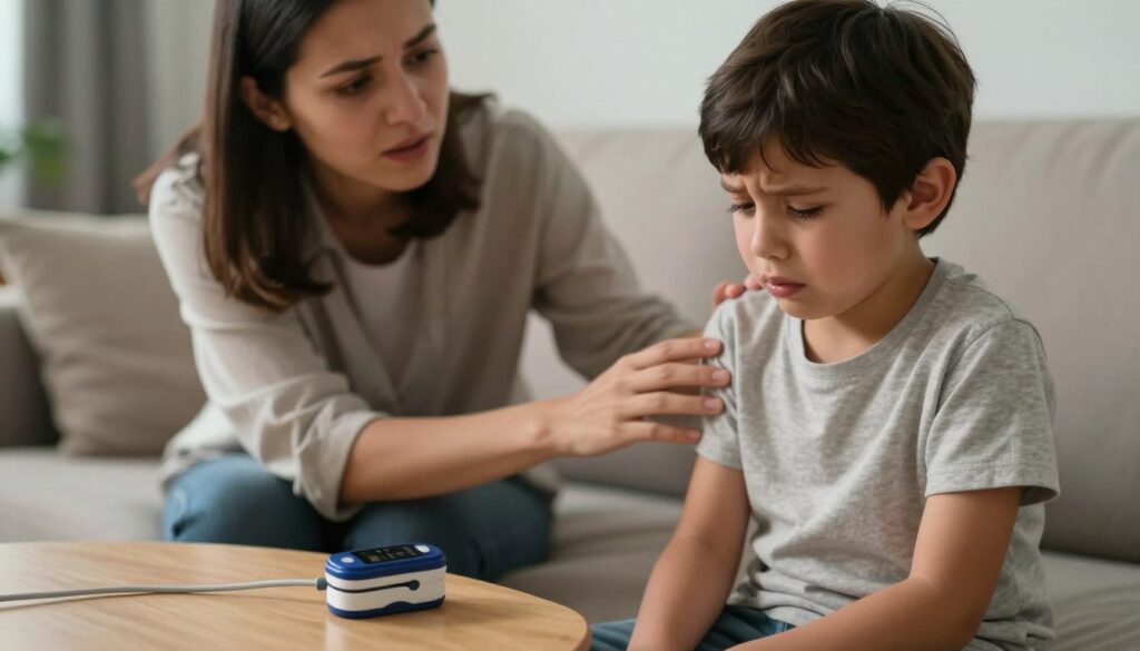 A concerned parent in a softly lit living room, observing their young child closely. The child, wearing a simple, comfortable shirt, shows subtle signs of distress, like a slightly pale complexion and heavy breathing. The foreground features a pulse oximeter on a small table, emphasizing the focus on monitoring health. In the middle ground, the worried parent reaches out to comfort the child, their expression reflecting concern. The background is a cozy home setting, partially blurred to emphasize the subjects. The warm lighting casts soft shadows, creating a serious yet caring atmosphere, highlighting the urgency of recognizing hypoxia symptoms in children.