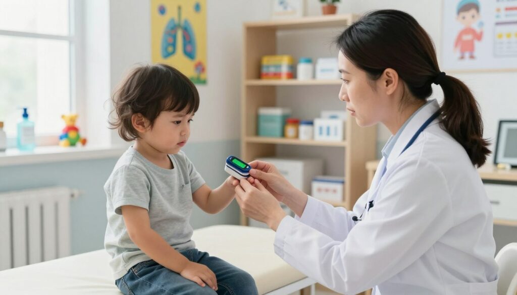A concerned pediatrician gently examines a young child in a bright, well-lit clinic setting, focusing on the child's finger with a pulse oximeter attached, displaying a bright green saturation level. The foreground shows the pediatrician, a middle-aged woman in a professional outfit, kneeling down to the child's eye level. In the middle ground, the child, a toddler with a worried expression, sits on an examination table surrounded by colorful medical posters about respiratory health. The background includes shelves filled with children's medical supplies, toys, and a window with natural light streaming in, creating an atmosphere of care and professionalism. The scene conveys a sense of urgency but with a comforting and nurturing environment, highlighting the importance of monitoring oxygen saturation in children. A concerned pediatrician gently examines a young child in a bright, well-lit clinic setting, focusing on the child's finger with a pulse oximeter attached, displaying a bright green saturation level. The foreground shows the pediatrician, a middle-aged woman in a professional outfit, kneeling down to the child's eye level. In the middle ground, the child, a toddler with a worried expression, sits on an examination table surrounded by colorful medical posters about respiratory health. The background includes shelves filled with children's medical supplies, toys, and a window with natural light streaming in, creating an atmosphere of care and professionalism. The scene conveys a sense of urgency but with a comforting and nurturing environment, highlighting the importance of monitoring oxygen saturation in children.