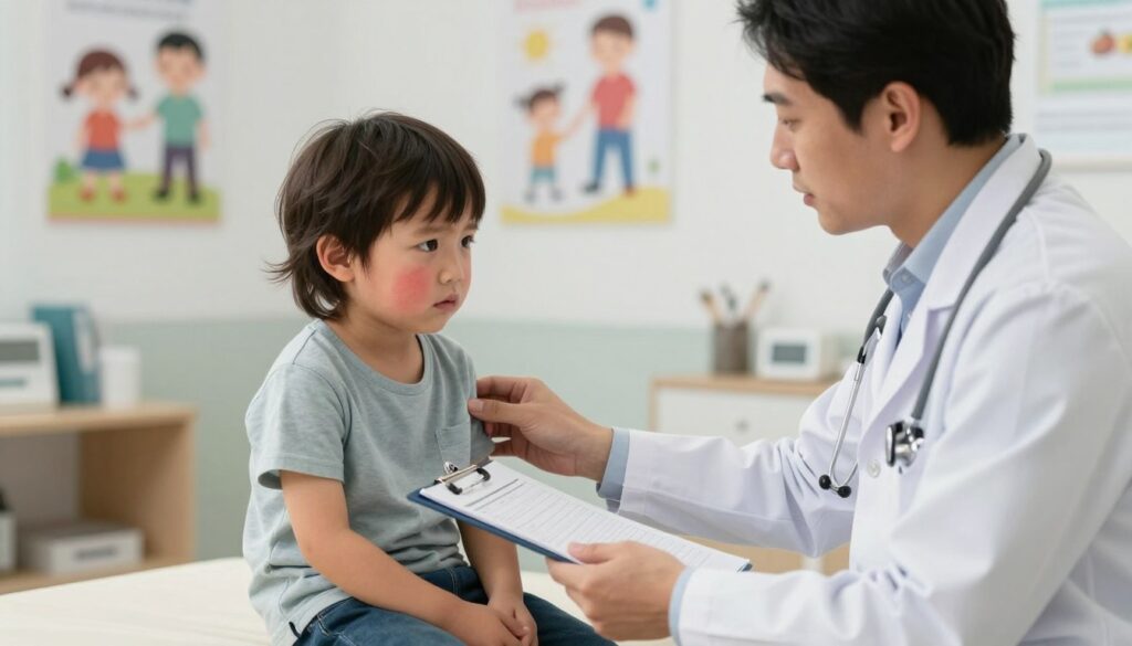 A concerned pediatrician with a stethoscope around their neck examines a young child showing early signs of sepsis, such as visible fatigue and a slightly flushed face. The foreground features the doctor, dressed in professional attire, looking intently at the child. The child, dressed in a modest t-shirt, appears anxious yet calm, sitting on an examination table in a well-lit doctor's office. In the middle, medical charts and a few medical instruments are subtly visible. The background showcases a softly blurred pediatric office with posters about children's health, creating an informative atmosphere. The lighting is warm and inviting, emphasizing the seriousness yet caring nature of the situation. Overall, the image conveys a sense of urgency balanced with professionalism.