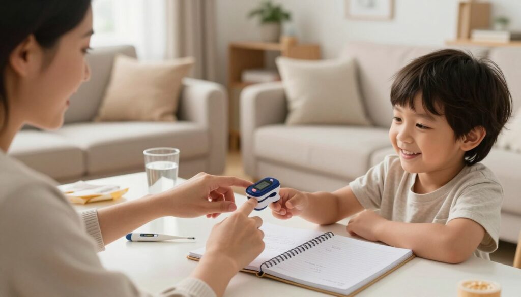 A cozy home setting showcasing a parent preparing to measure their child's blood saturation with a pulse oximeter. In the foreground, a caring parent, dressed in modest casual attire, gently places a finger of a smiling child in the device. The child, around 5 years old, exhibits curiosity and comfort. In the middle, a table is neatly arranged with health-related items like a thermometer, a notepad with notes, and a glass of water. The background features a softly lit living room with warm tones, creating a reassuring atmosphere. Natural light streams through a window, enhancing the mood of home care and safety. The focus is sharp on the interaction, with a shallow depth of field for a sense of intimacy and clarity.