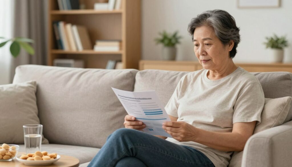 A cozy, well-lit living room scene featuring a middle-aged patient sitting comfortably on a sofa, wearing modest casual clothing. The patient looks relaxed and focused while reading a detailed pamphlet about home treatment recommendations for thrombosis. In the foreground, a small table holds healthy snacks and a glass of water, symbolizing a healthy lifestyle. In the middle ground, a bookshelf filled with medical books and wellness guides reflects a commitment to education and care. The background shows soft, warm lighting with indoor plants that create a calming atmosphere. The overall mood is supportive and informative, encouraging self-care and engagement in treatment processes. The angle captures the patient's interest in personal health management, emphasizing a serene and reassuring home environment.