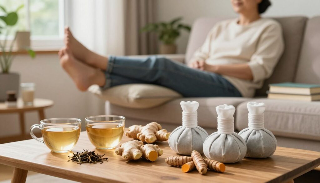 A cozy, well-lit living room scene featuring various home remedies for supporting thrombosis therapy. In the foreground, a wooden table displays a variety of herbal teas, fresh ginger, and turmeric roots laid out alongside soothing hot packs. The middle ground reveals a comfortable armchair where a middle-aged person, dressed in casual attire, is relaxing with their legs elevated on a cushion, surrounded by books on health and wellness. The background shows a sunlit window with leafy plants, casting gentle shadows across the room. The atmosphere is calm and reassuring, invoking a sense of home comfort and nurturing self-care. Soft, warm lighting enhances the inviting mood, suggesting a safe and supportive environment for healing.